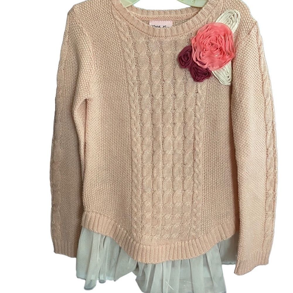 Little Lass girls, pink pull over tulle ruffled sweater size 6X